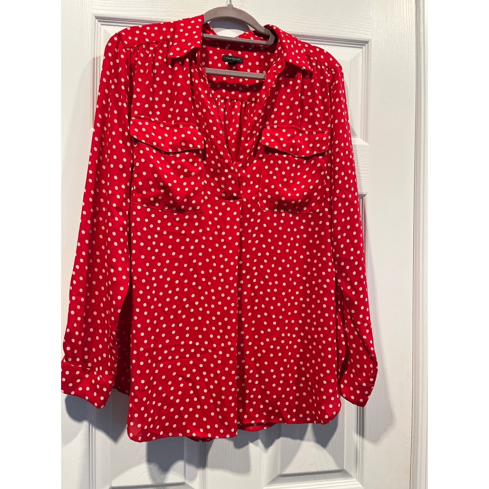 Ann Taylor Red Polka Dot Long Sleeve Blouse V-Neck Chest Pockets Large